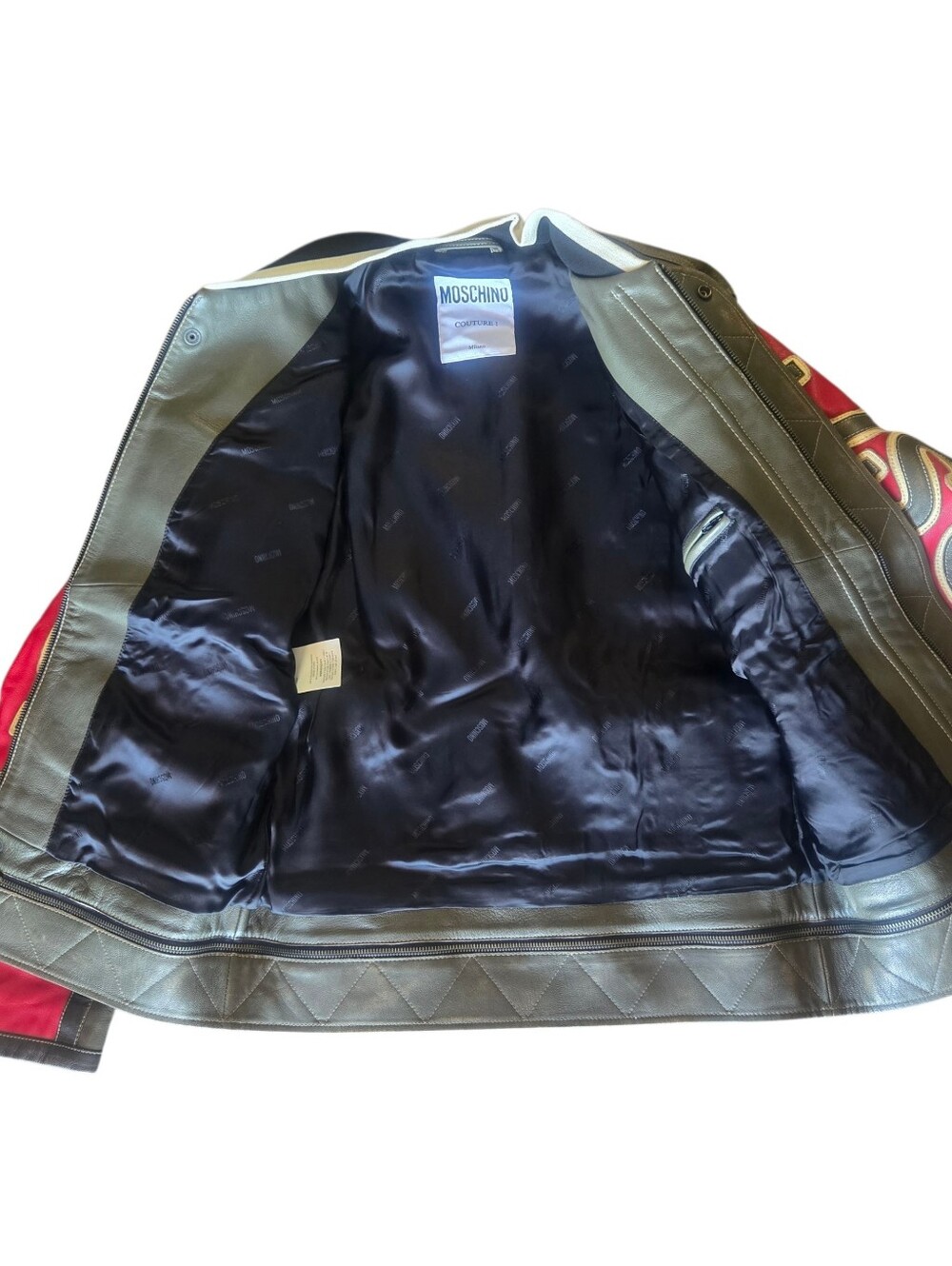 NWT Moschino Couture Paneled Leather Varsity Bomber Jacket Green/Red Size 50 - Picture 2 of 16